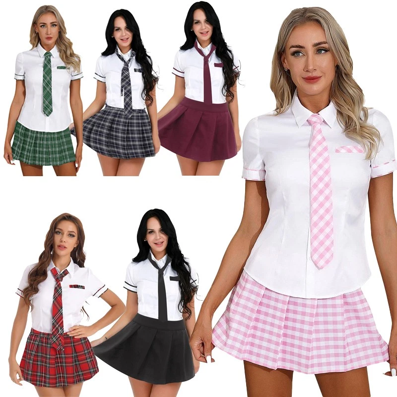 UK Sexy Women School Girl Uniform Plaid Skirt Outfit Cosplay Costume Fancy Dress