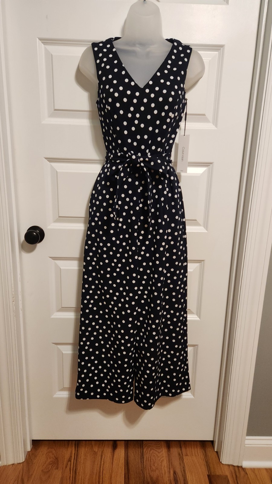NWT Calvin Klein Women's Navy Polka Dot Jumpsuit Size 0 XS Wide Leg Cropped thumbnail 2