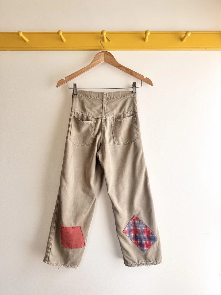Pantalones de trabajo de franela de algodón forrados de colección años 50 jóvenes niños remendados patchwork 24" 10 años Foto 4 de 4