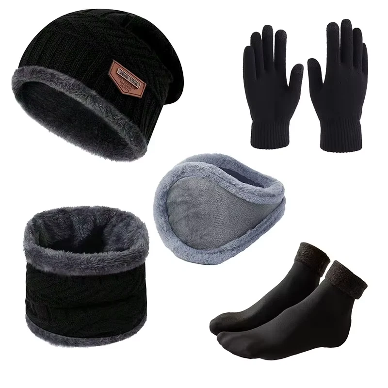 Unisex Gorro Térmico Polar Tejido Conjunto 5 Piezas Sombrero Guantes Cuello Capucha Oreja Cubiertas Calcetines Foto 4 de 4