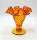 Fenton Hobnail Orange Amberina Crimped Ruffle Rim 4" Glass Vase