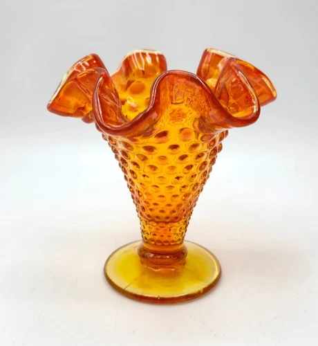 Fenton Hobnail Orange Amberina Crimped Ruffle Rim 4" Glass Vase