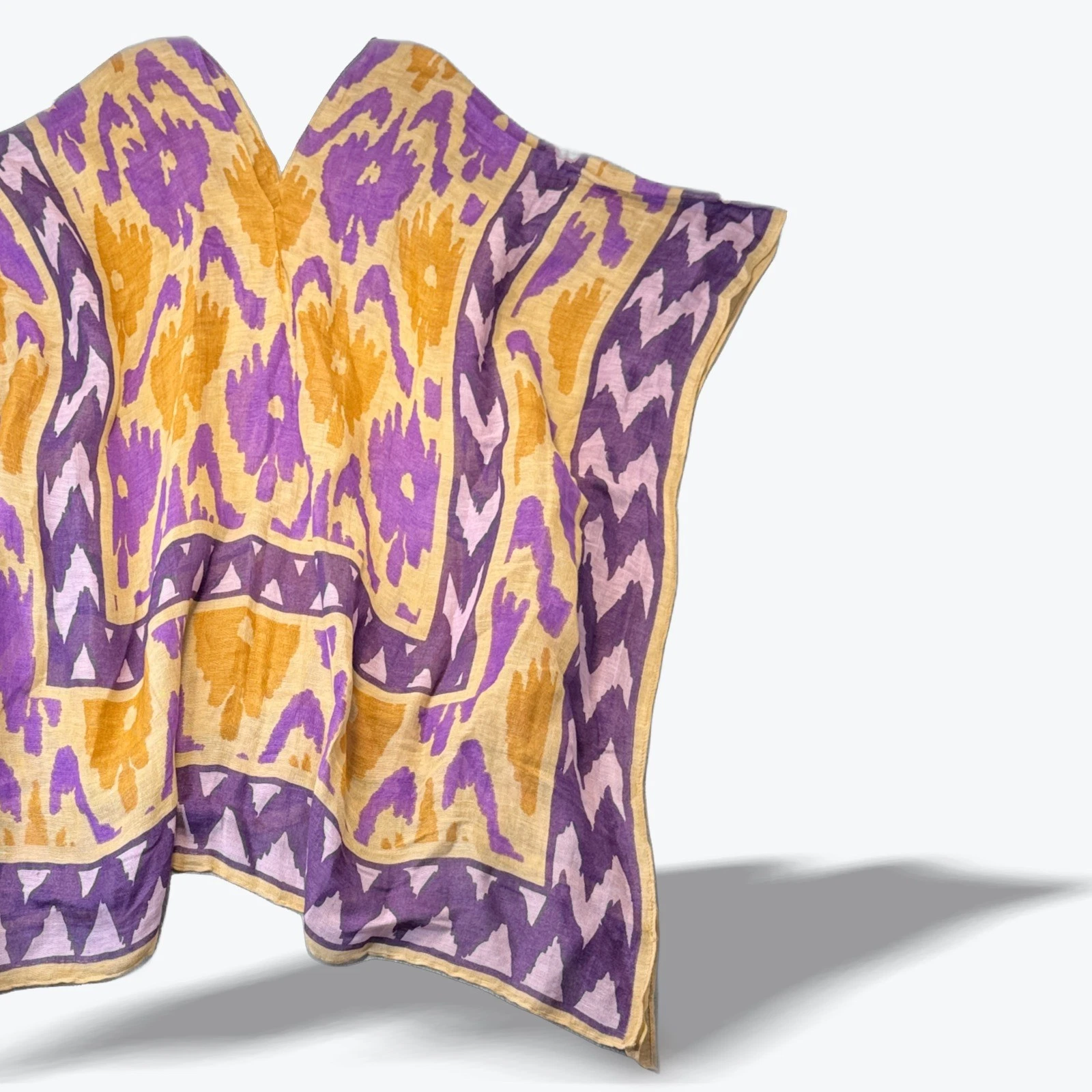 Theadora & Callum Ikat Kaftan Beach Cover Purple Poncho Resortwear Linen Blend