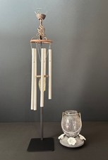 Rustic Metal Wind Chime Leaf Accent  Hummingbird Feeder Crackled Glass Decor