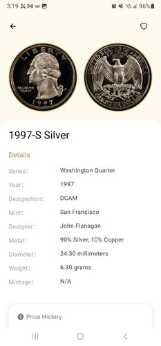 1997 S SILVER DCAM Proof Washington Quarter 25c From Proof Set 90% Silver