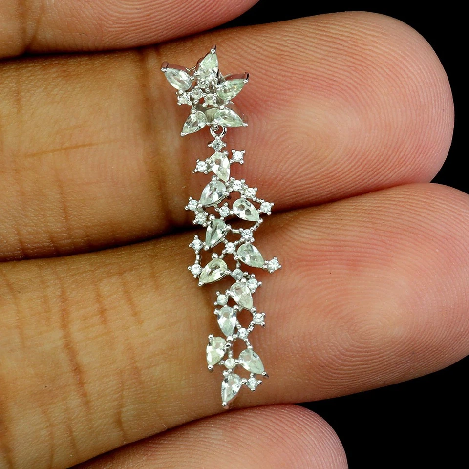 925 Pendente Argento Sterling Pera Bianco Zaffiro Ceylon Naturale Gemma Gioielli - Immagine 2 di 4