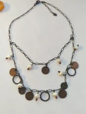Silpada Bronze Metallic Coin Pearl Necklace Double Layer Retired 