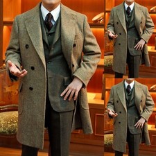 Tweed Men's Overcoat Herringbone Formal Double Breasted Casual Warm Long Coats