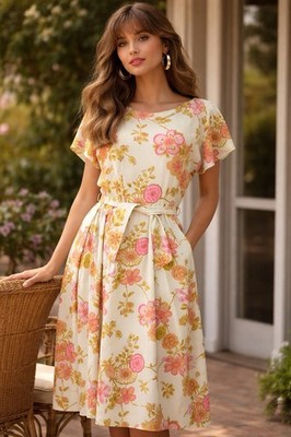 70s floral midi dress Retro 70s Hippie Floral Midi Dress With Bell Sleeves And Belt | Color: Orange/Pink