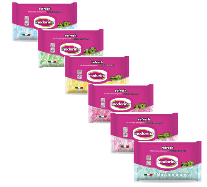 INODORINA Salviette per Cane e Gatto. 12 Buste Miste Da 40 Pezzi Cadauno