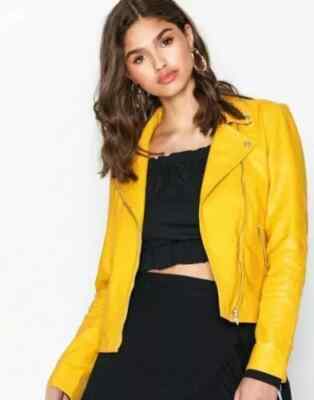 Lambskin Women's Jacket Stylish Biker Casual New Yellow Handmade Leather Genuine
