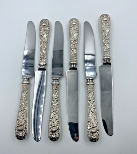 Kirk Repousse Sterling Dinner Knife Set of 6 Knives Polished Stainless Blades