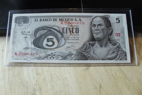MEXICO 5 PESOS 27 JUNE 1972 BANCO DE MEXICO BANK NOTE UNC SERIES 1AX - Picture 1 of 2