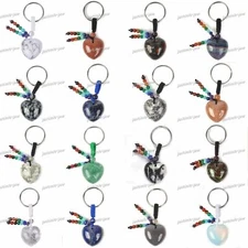 Gemstone Puffy Love Heart 7 Chakra Tassel Healing Keychain Bag Charm Pendant