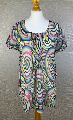 DELUCA Damen Gr. 38 Chiffon Bluse Schlupfbluse Shirt Hippie Retro weiß bunt 506
