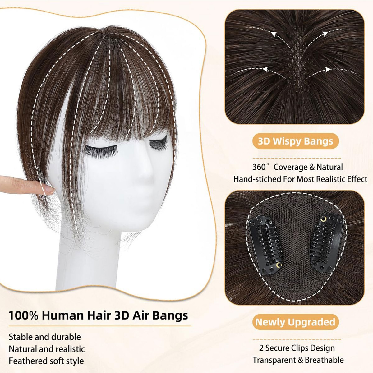 Clip in Hair Bangs Topper 100% Remy Human Hair 360° 3D Cover 