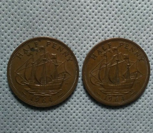 (2) 1964 GREAT BRITAIN ELIZABETH II HALF PENNY COINS! DD397XXX - Picture 3 of 4