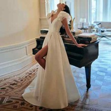 Satin Wedding Dresses Sleeveless V-Neck Pleat Sexy Side Slit A-Line Bridal Gowns