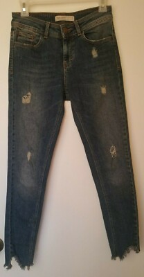 Zara Basic Denim Z1975 Distressed Raw Jagged Hem Skinny Blue Jeans Size 4
