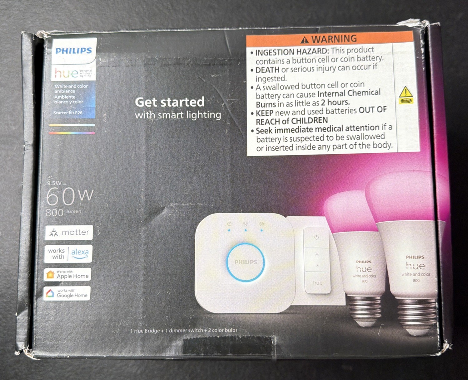 Philips Hue Smart Light Starter Kit Includes 1 Bridge Dimmer Switch 2 A19 LED