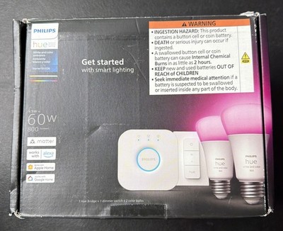 Philips Hue Smart Light Starter Kit Includes 1 Bridge Dimmer Switch 2 A19 LED