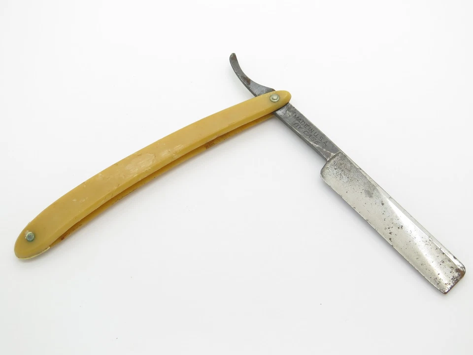 Cuchillo de afeitar recto plegable mango amarillo Imp rojo vintage Case 132 EE. UU. Foto 2 de 4