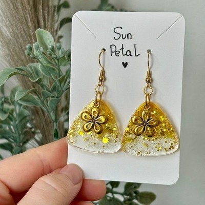 Sun Petal Resin Earrings, Yellow Gold Glitter Triangle, Flower Charm, Handmade