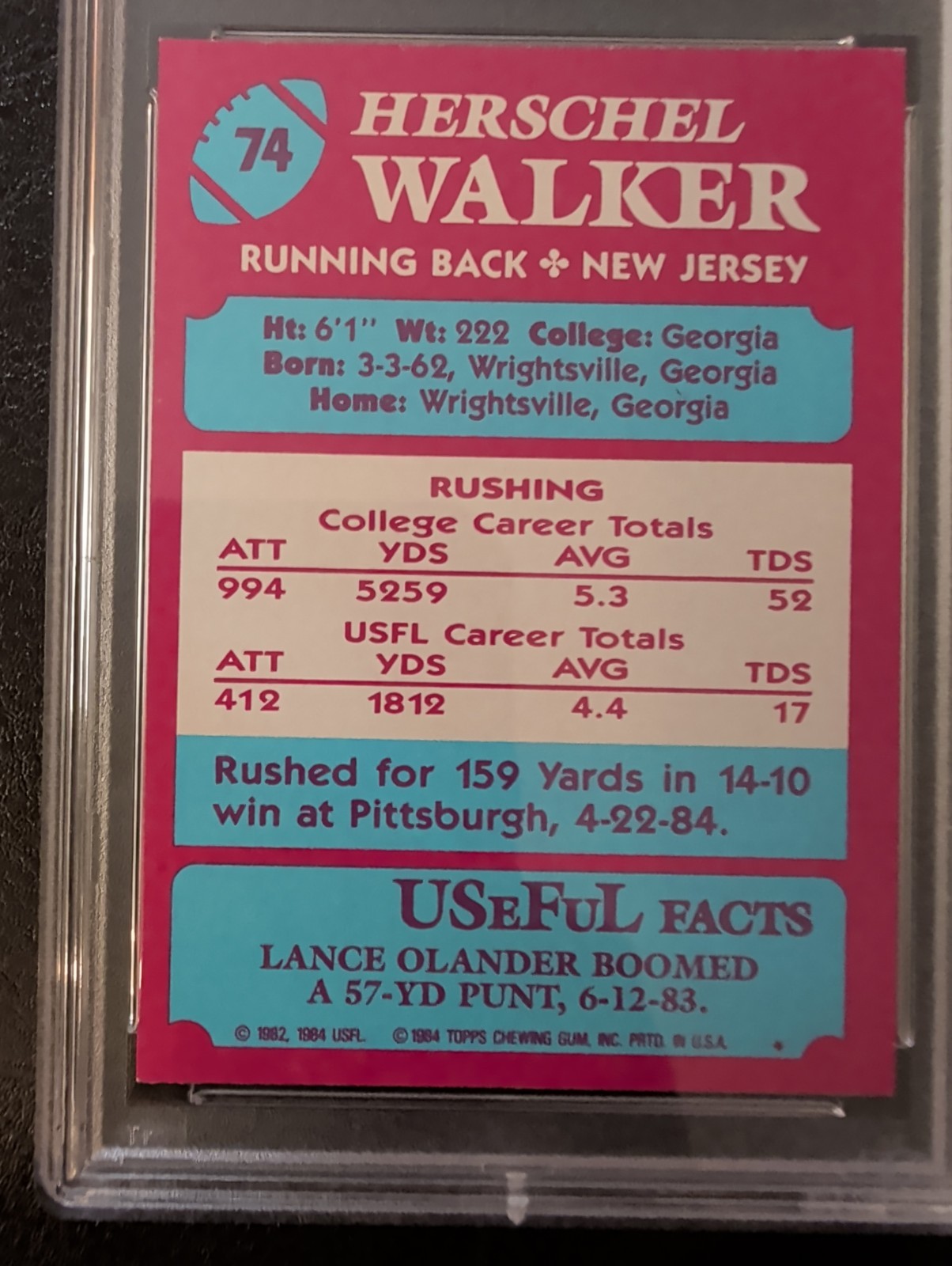 1984 Topps USFL Herschel Walker #74 Vintage Rookie RC New Jersey Generals PSA 7  view 5
