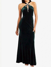 Eliza J Green Velvet Halter Rhinestone Tie Lined Long Maxi Dress Zip 12
