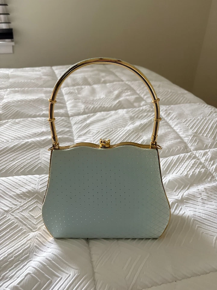 Golden Tone Metal Frame Crystal Rhinestone Fashion Clutch Evening Bag Light Blue - Image 3 of 4