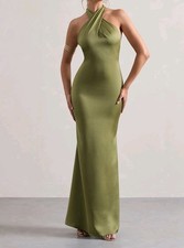 UnbeatableOlive Satin Cross Over Halter-Neck Maxi Beautiful 🥰😍Dress UK 10