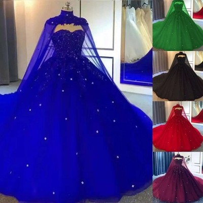 Mehrfarbige Spitzen Ball Brautkleider mit Cape Perlen Brautkleider Sweep Schleppe