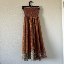 Silk Blend Boho Hippie Floral Smock Halter Neck Tie Midi Dress Fits S-M