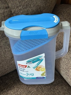 Decor 2.4L Water Jug Fresh Seal Fruit Infuser Blue Lid BPA Free Dishwasher Safe