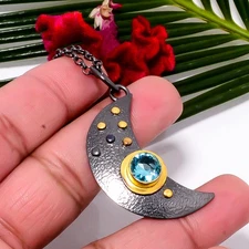 Blue Topaz Crescent Moon 925 Sterling Silver Chain Pendant 18-22" Sku28