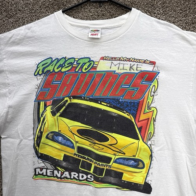 #ad Menards Race To Savings T Shirt Size XL Race Car Graphic Double Sided $9.99