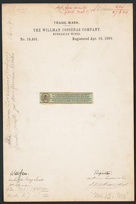 Budapest Hungary 1889 Willman Cossenas Hungarian Wines Trademark Registration