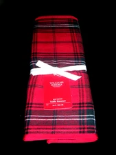WILLIAMS SONOMA CHRISTMAS RED TARTAN TABLE RUNNER 16X108 IN 55 COTN 45 LINEN NWT
