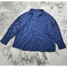 Lands End Top Womens 24W Blue Embroidered Cutout Lace Long Sleeves Button Front