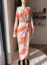 PRETTYLITTLETHING Orange White Abstract Maxi Dress Long Sleeve Tie Waist 4
