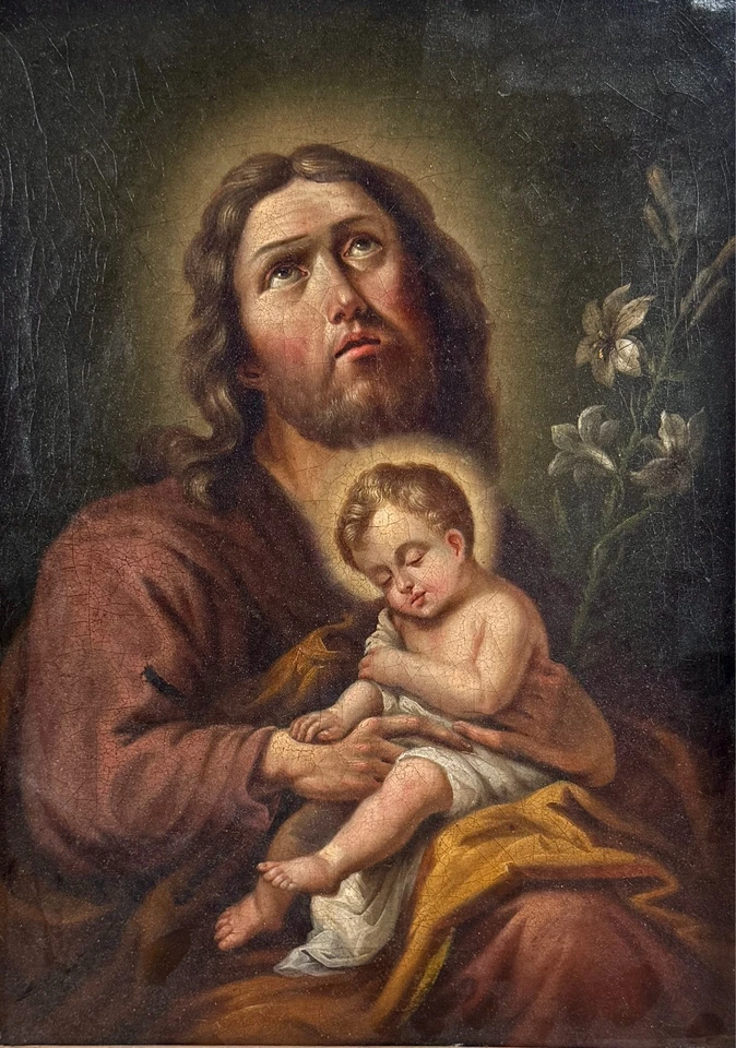 Antigua pintura al óleo San José Cristo Niño Mexicano San Retablo Español siglo XIX Foto 2 de 4