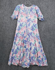 Faithfull The Brand Midi Dress Womens S Pink Blue Floral Puff Sleeve V Neck Boho