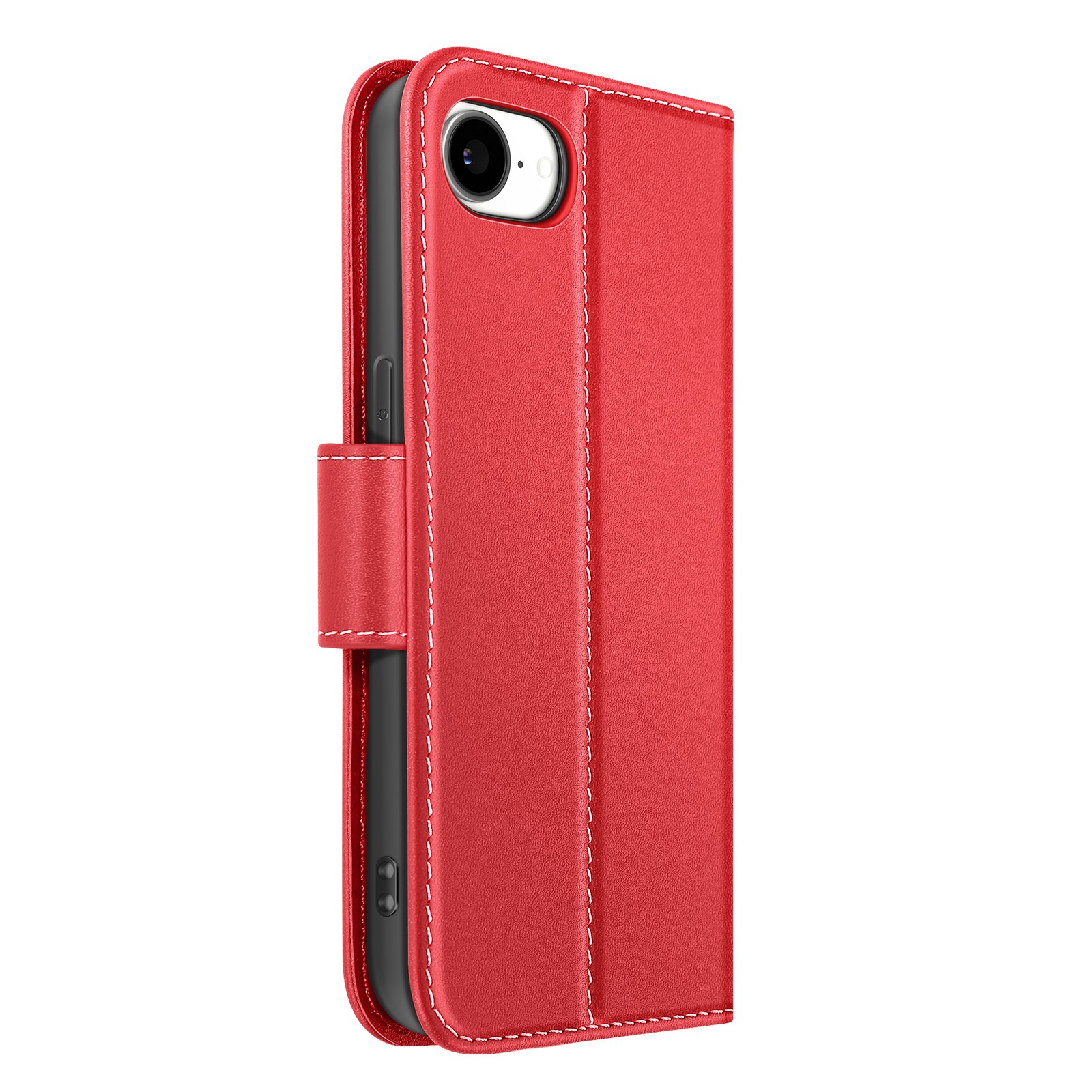 Coque iPhone 17e Rouge Cuir avec Compartiment Carte de Crédit et Pied de Support Vidéo