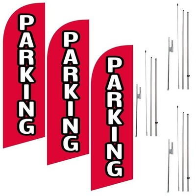 (Pack of 3) Parking 6ft Feather Flags Outdoor Signs with complete 8ft poles...