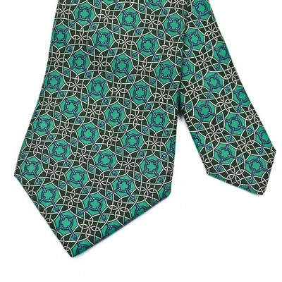 Hermes Mens Silk Tie Green Blue Geometric Chain Link Pattern 843 EA Made France
