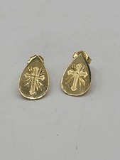 14kt Yellow Gold Filled ZZ Etched Cross Teardrop Post Stud Earrings 1 1/8"