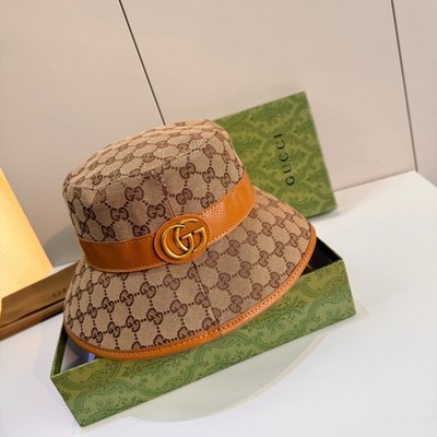 Gucci GG Supreme Unisex Bucket Hat Leather Band Double G Logo Hat