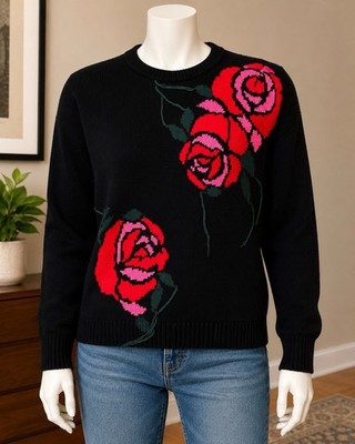 Primark Black Rose Floral Knit Sweater Women s Large Red Pink Crew Neck
