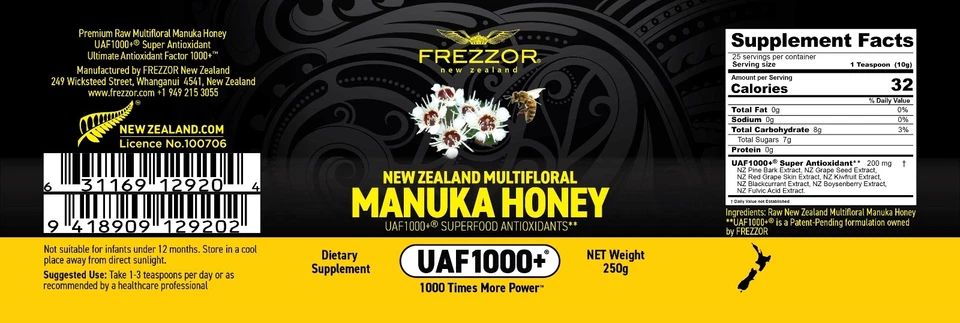 FREZZOR NUEVA ZELANDA MIEL DE MANUKA MULTIFLORAL UAF1000+, alivio de síntomas de resfriado y gripe Foto 2 de 2