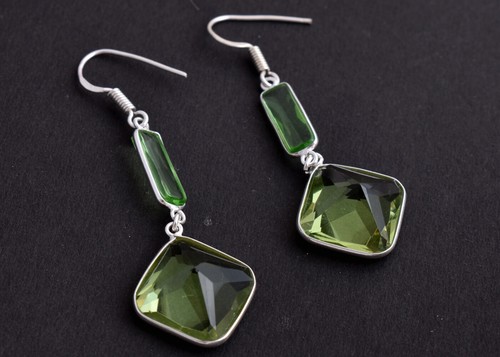 Sterling Silver Simulated Peridot Square Shape Silver/Gold/Rose Plated Earrings - Picture 2 of 7